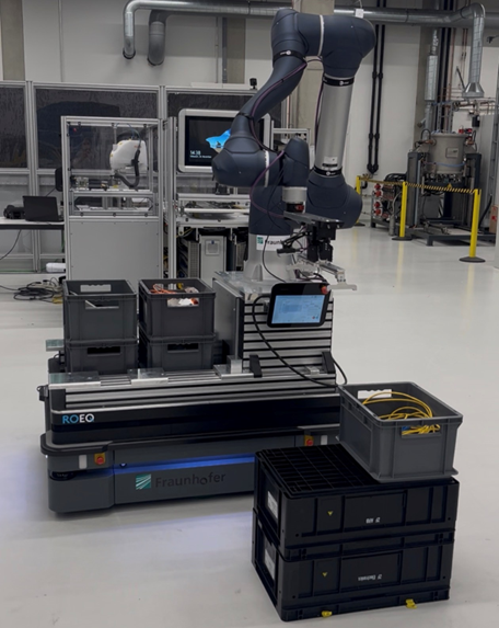 Versuchsaufbau im Technikum: Kleinladungsträger (KLT)-Transport zwischen Lager und Bedarfsorten (BDO) mit physischem Demonstrator.